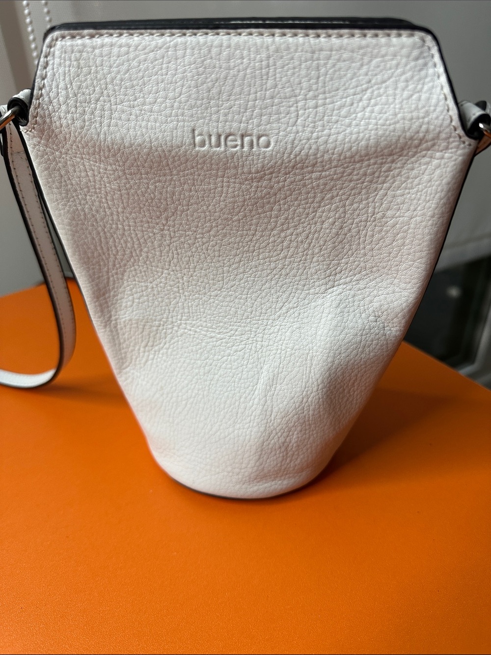 Bueno White Pebbled Leather Crossbody Bucket Bag